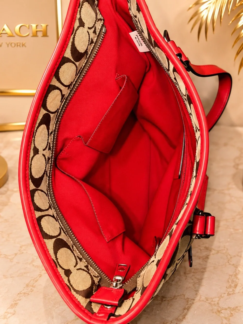 COACH Signature Jacquard Tote Bag Red Leather Trim